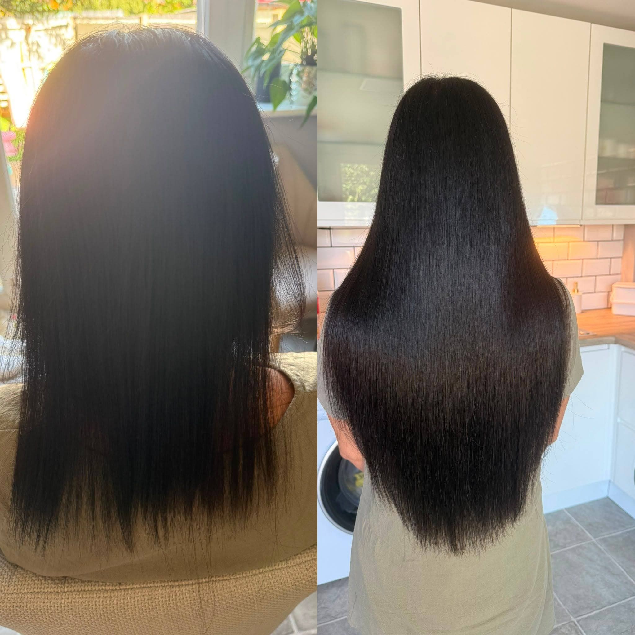 Before and after hair extensions on dark hair: shorter, finer ends on the left, longer and fuller through the lengths on the right