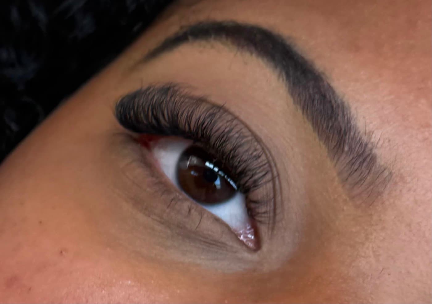 Close-up of a full lash extension set with a defined curl and dark, dense finish